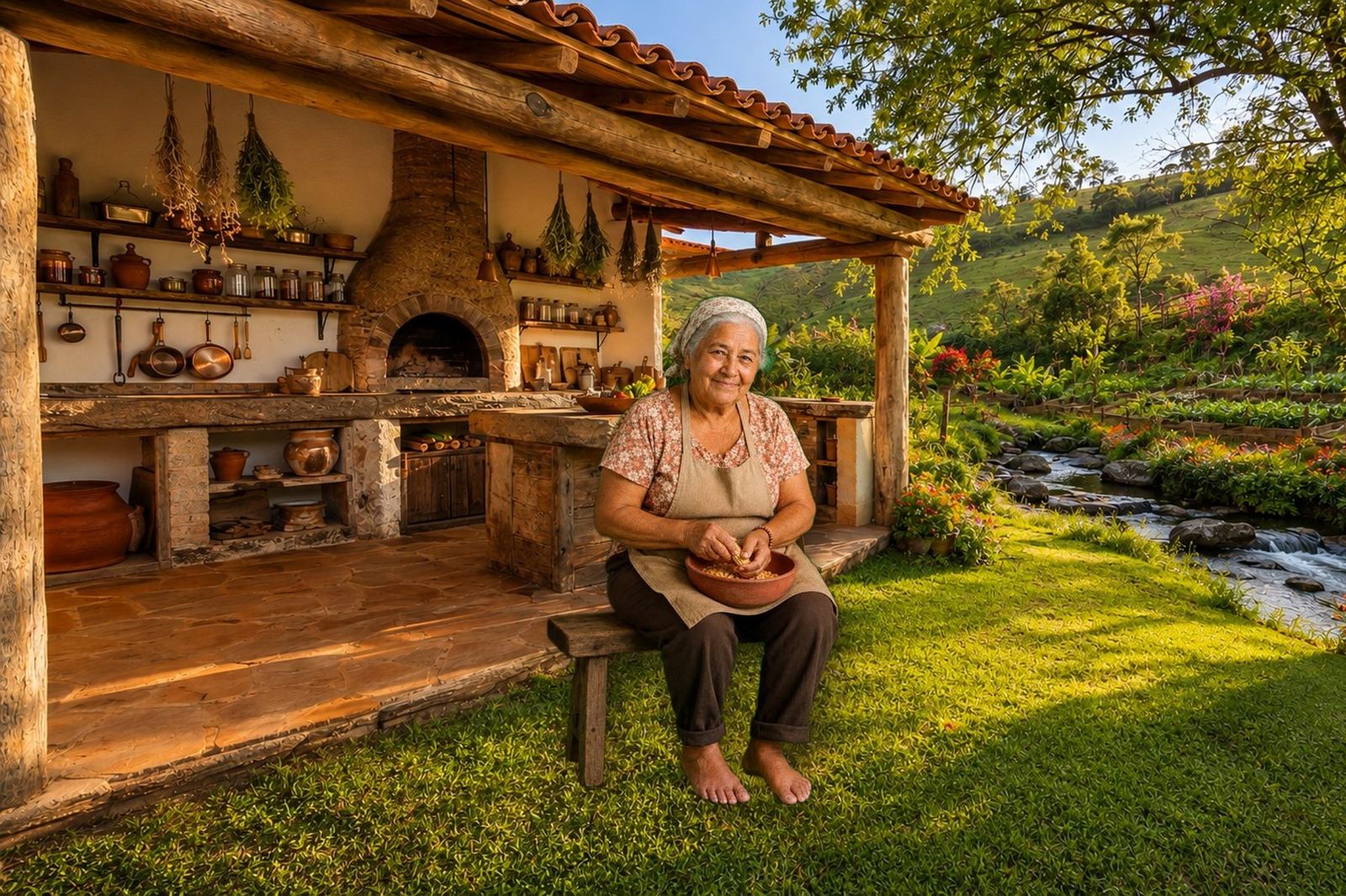 Dona Zulmira sentada na cozinha rústica de sua casa no interior, preparando ervas